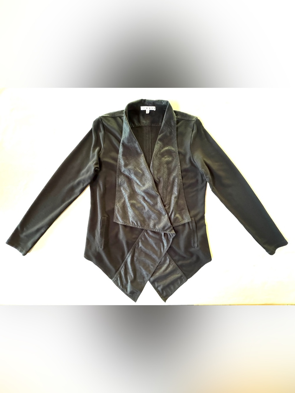 CAbi #527 Black Owens Jacket Waterfall Moto Faux Leather Trim Open Cardigan (L) - Picture 7 of 17